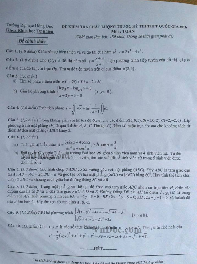 Đề thi thử THPT Quốc gia môn Toán năm 2016