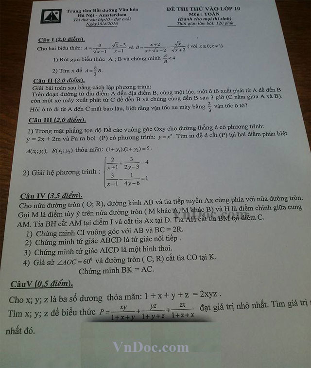 Đề thi thử vào lớp 10 môn Toán năm 2016 trường THPT Chuyên Hà Nội Amsterdam (đợt cuối) Đề thi thử vào lớp 10 Hà Nội Amsterdam