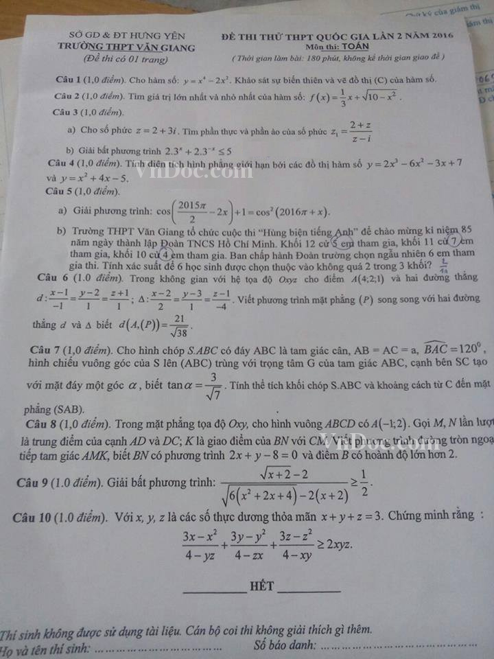 Đề thi thử THPT Quốc gia môn Toán năm 2016 trường THPT Văn Giang, Hưng Yên (Lần 2) Đề thi thử Đại học môn Toán