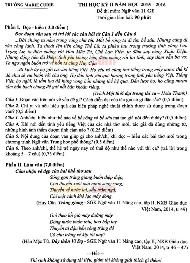 Đề thi học kì 2 môn Văn lớp 11 trường Marie Curie