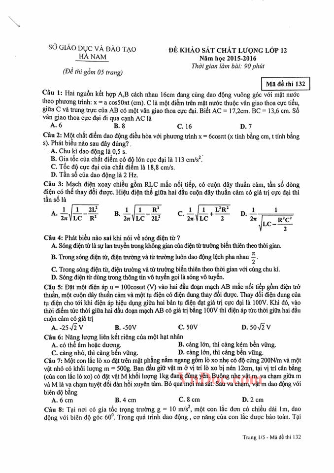 Đề thi thử THPT Quốc gia môn Vật lý năm 2016 tỉnh Hà Nam