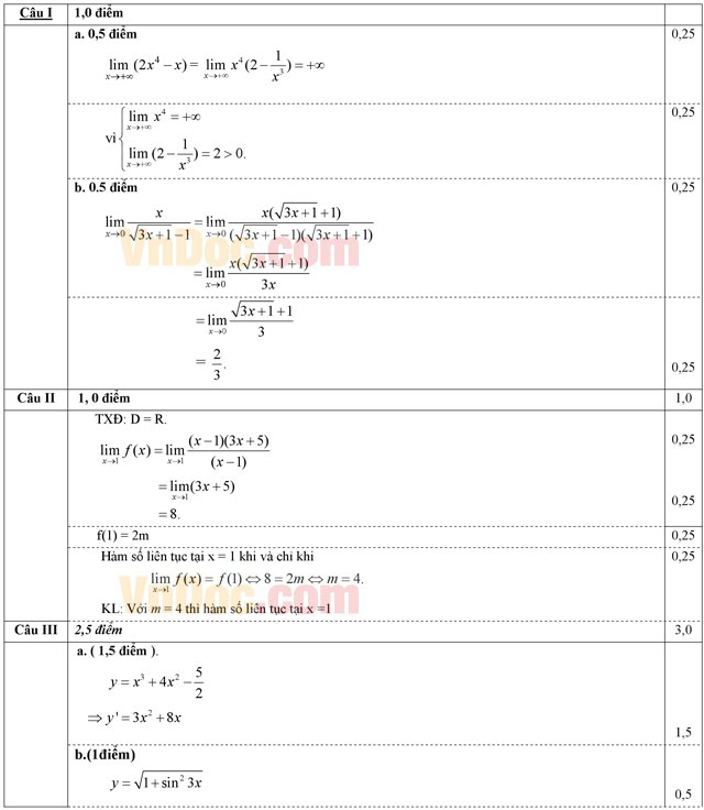 Đáp án đề thi học kì 2 môn Toán lớp 11