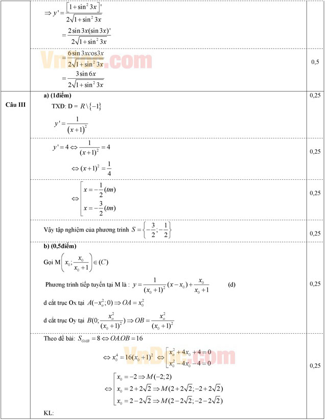 Đáp án đề thi học kì 2 môn Toán lớp 11