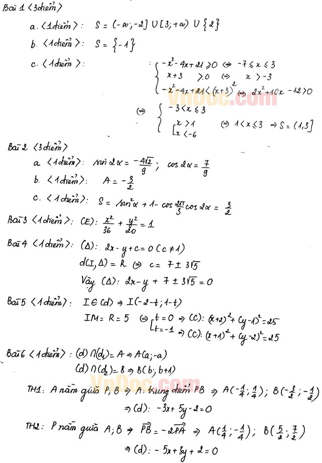 Đáp án đề thi học kì 2 môn Toán lớp 10 trường Marie Curie