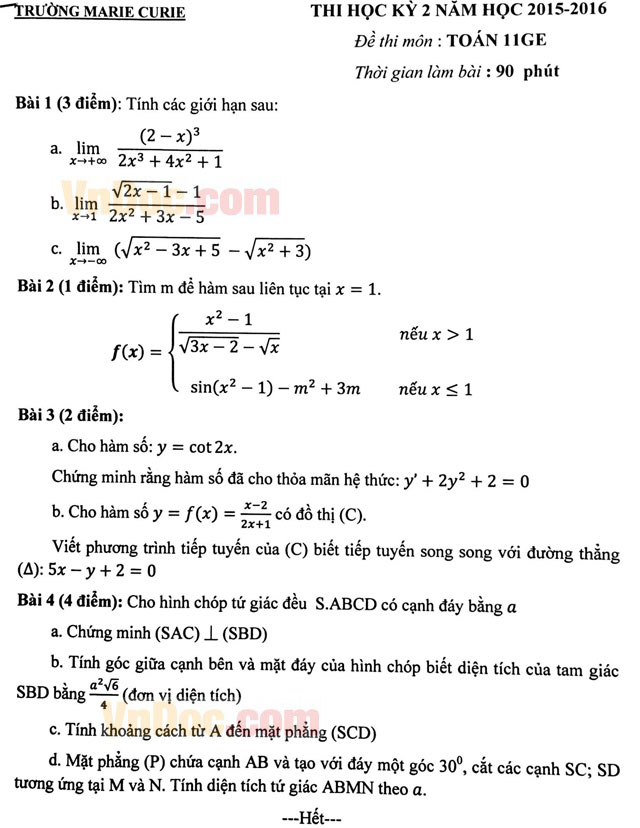 Đề thi học kì 2 môn Toán lớp 11 trường Marie Curie
