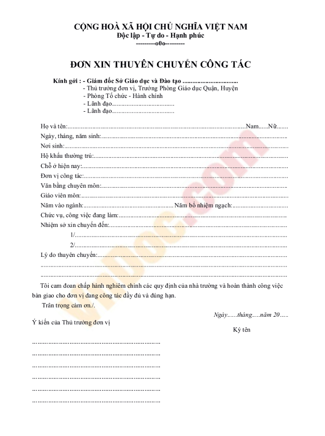 Mẫu đơn xin thuyên chuyển công tác giáo viên Mẫu đơn xin thuyên chuyển công tác ngành giáo dục