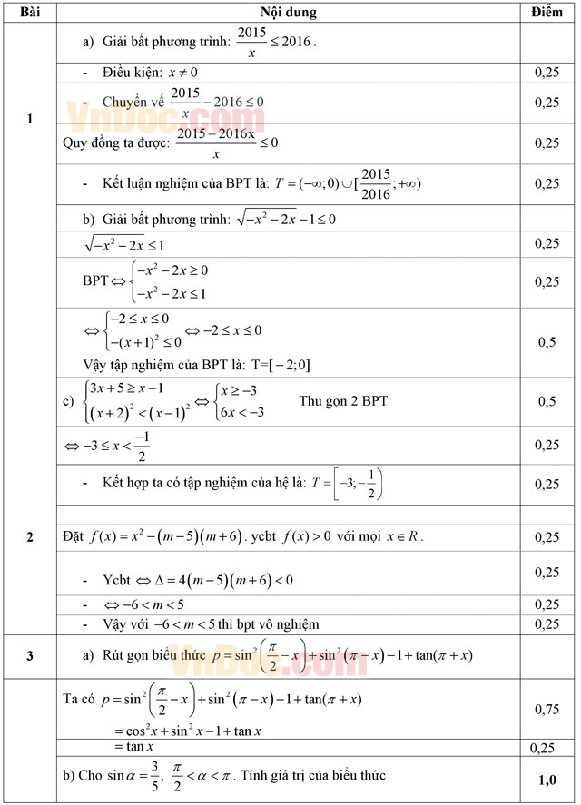 Đáp án đề thi học kì 2 môn Toán lớp 10 Đáp án đề thi học kì 2 môn Toán lớp 10