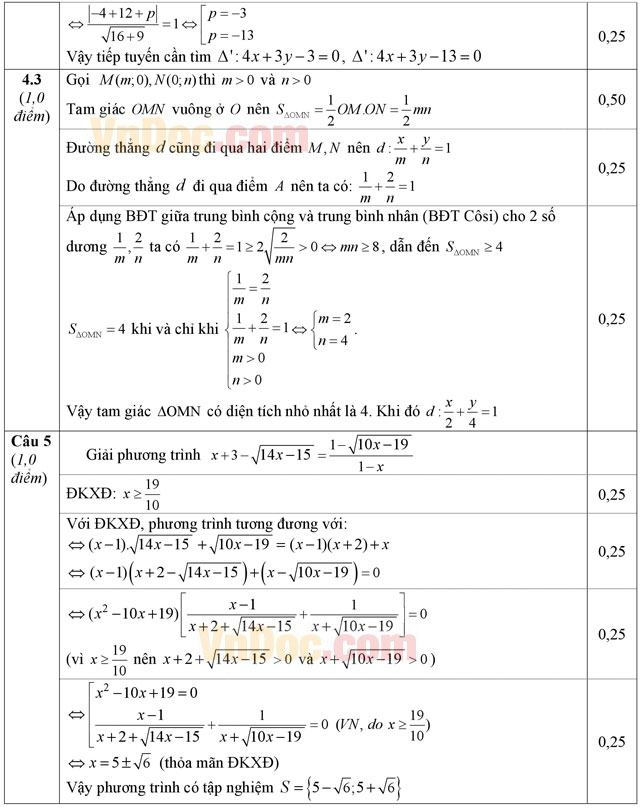 Đáp án đề thi học kì 2 môn Toán lớp 10
