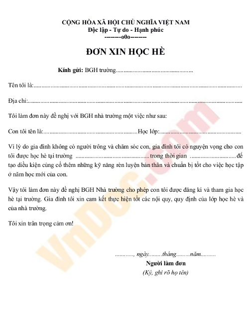 Đơn xin học hè