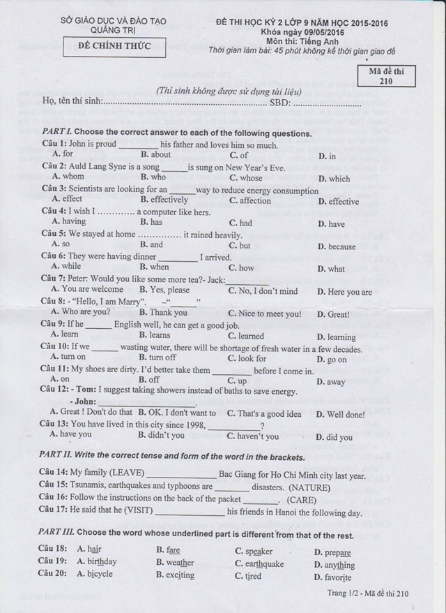 Đề kiểm tra học kì 2 môn Tiếng Anh lớp 9