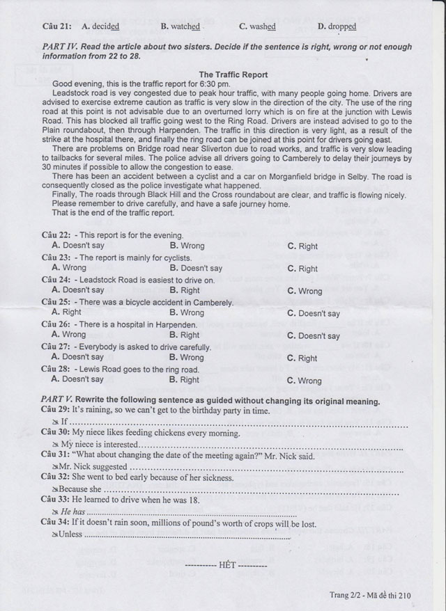 Đề kiểm tra học kì 2 môn Tiếng Anh lớp 9 