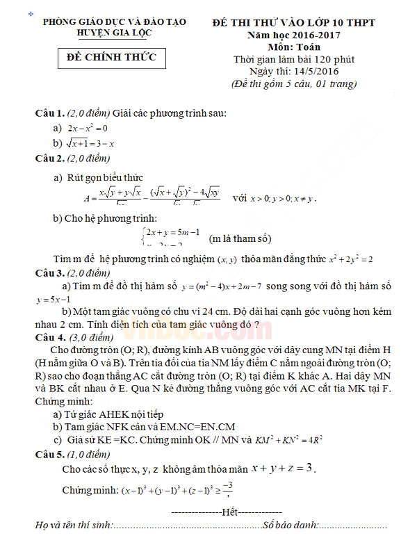 Đề thi thử vào lớp 10 môn Toán Đề thi thử vào lớp 10 môn Toán
