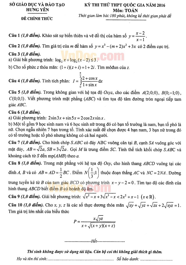Đề thi thử THPT Quốc gia môn Toán năm 2016 tỉnh Hưng Yên