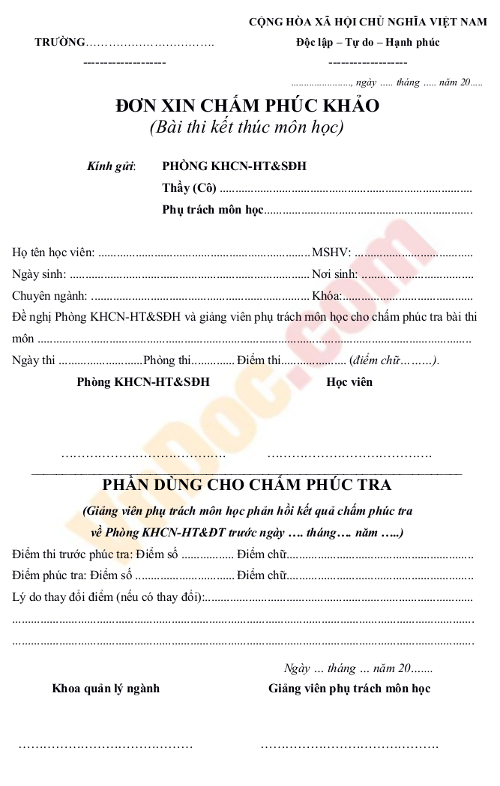 Đơn xin chấm phúc khảo (bài thi kết thúc môn học)