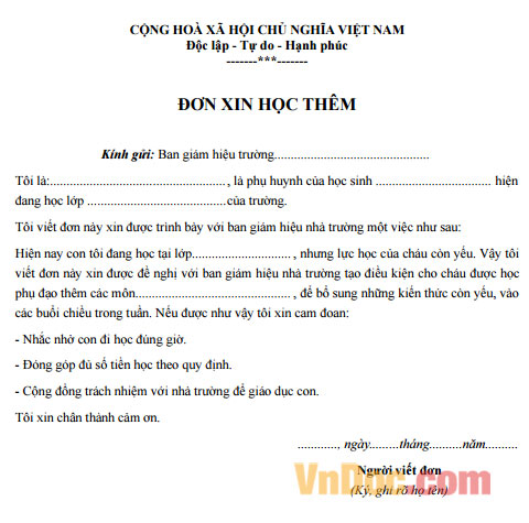 Mẫu đơn xin học thêm