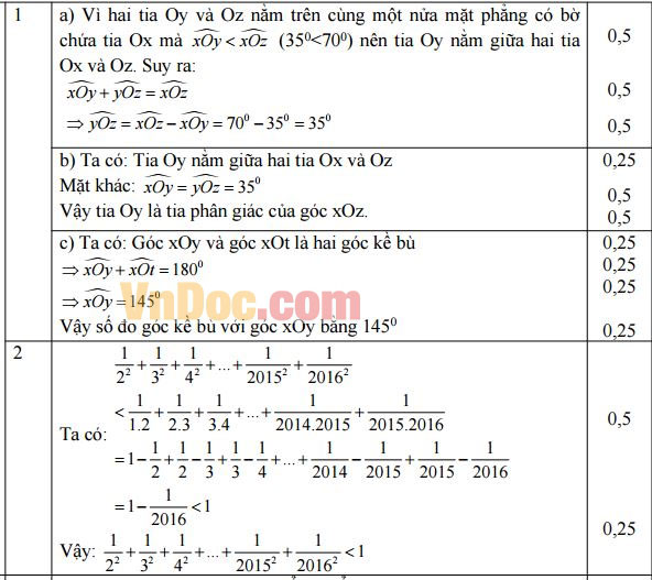 Đáp án đề thi học kì 2 môn Toán lớp 6