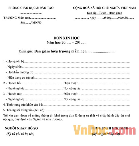 Mẫu đơn xin đi học mầm non Mẫu đơn xin đi học mầm non