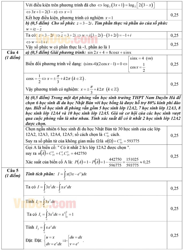 Đáp án đề thi thử THPT Quốc gia môn Toán năm 2016 trường THPT Nam Duyên Hà, Thái Bình (Lần 2)