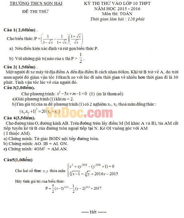 Đề thi thử vào lớp 10 môn Toán