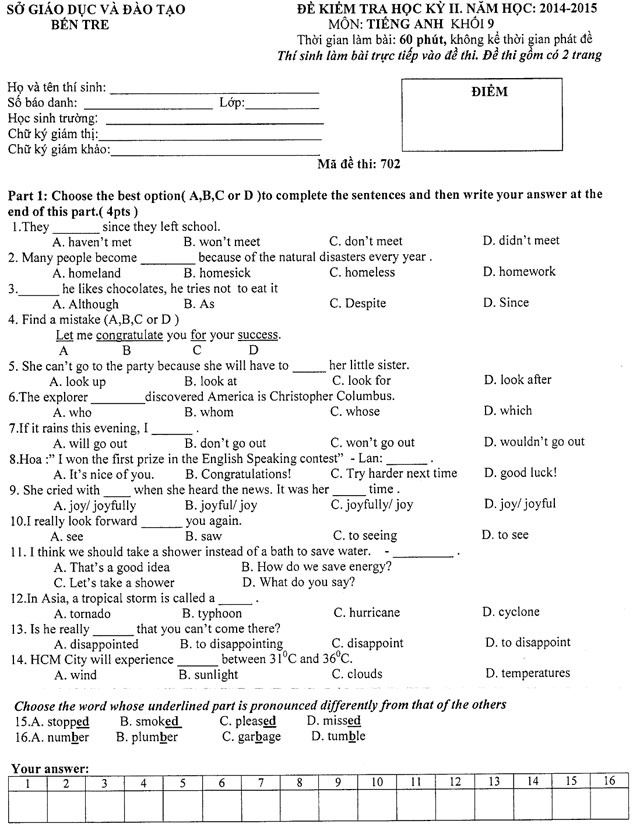 Đề thi học kỳ 2 môn Tiếng Anh lớp 9 Đề thi học kì 2 môn Tiếng Anh lớp 9