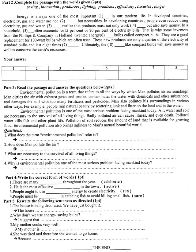 Đề thi học kỳ 2 môn Tiếng Anh lớp 9 Đề thi học kì 2 môn Tiếng Anh lớp 9