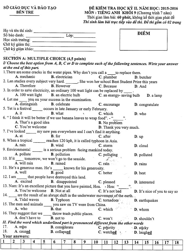 Đề thi học kì 2 môn Tiếng Anh lớp 9