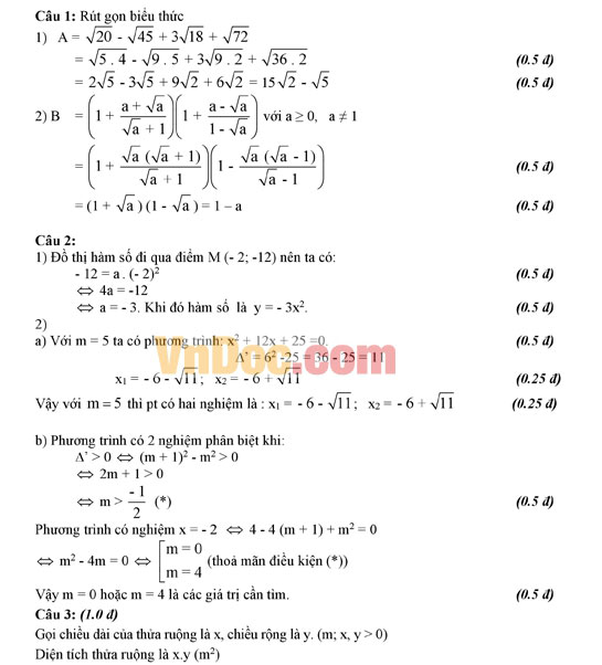 Đáp án đề thi thử vào lớp 10 môn Toán