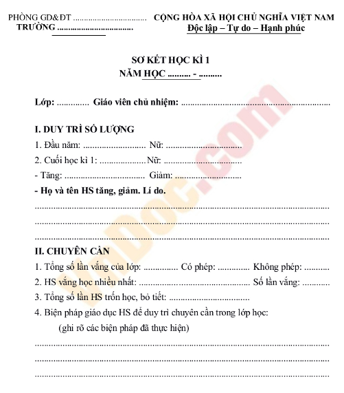 Mẫu sơ kết lớp của giáo viên chủ nhiệm Mẫu sơ kết lớp của giáo viên chủ nhiệm