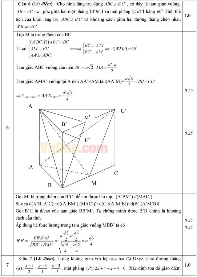Đáp án đề thi thử THPT Quốc gia năm 2016 môn Toán trường THPT Việt Trì, Phú Thọ (Lần 3)