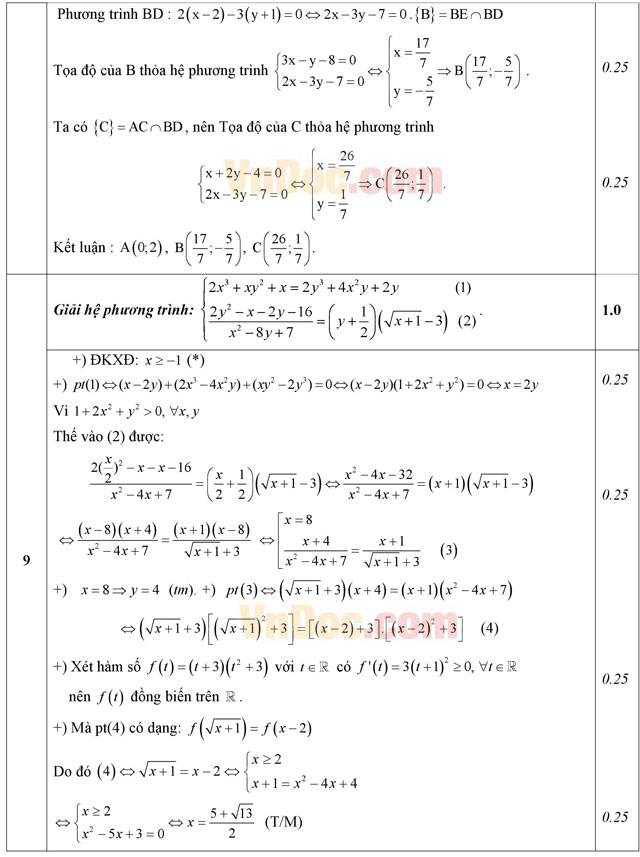 Đáp án đề thi thử THPT Quốc gia năm 2016 môn Toán trường THPT Việt Trì, Phú Thọ (Lần 3)