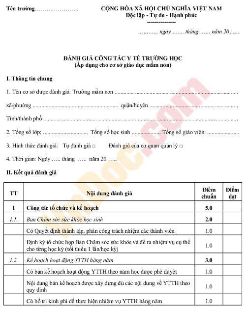 Mẫu đánh giá công tác y tế trường học mầm non