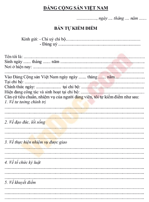 Mẫu bản kiểm điểm đảng viên chuyển sinh hoạt Đảng