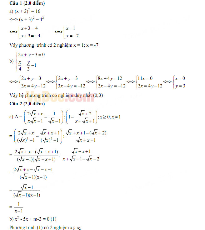 Đáp án đề thi vào lớp 10 môn Toán