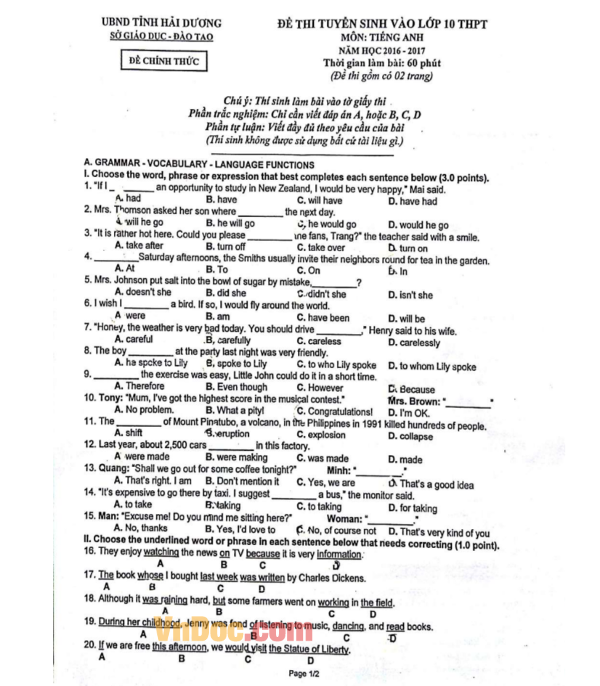 Đề thi tuyển sinh vào lớp 10 môn Tiếng Anh