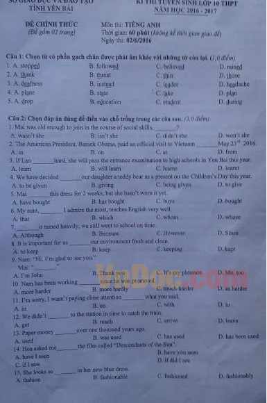 Đề thi vào lớp 10 môn Tiếng Anh