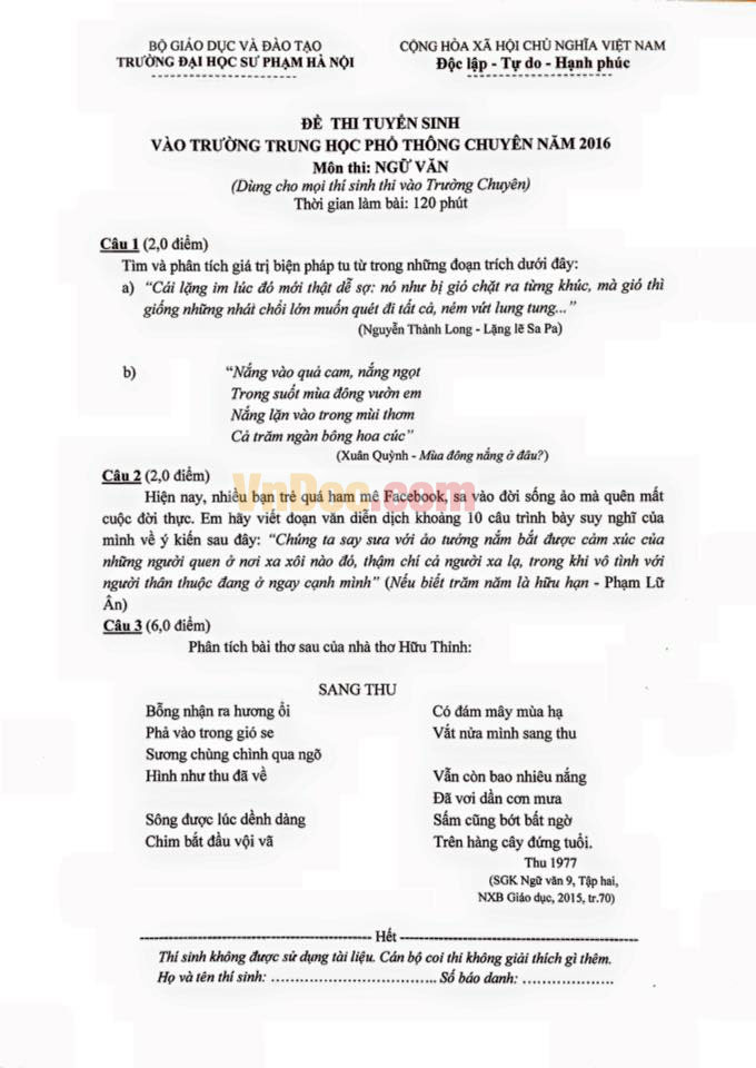 Đề thi vào lớp 10 môn Ngữ văn 