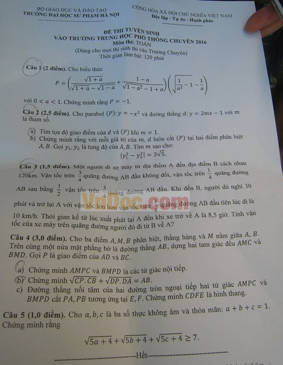 Đề thi vào lớp 10 môn Toán Đề thi vào lớp 10 môn Toán