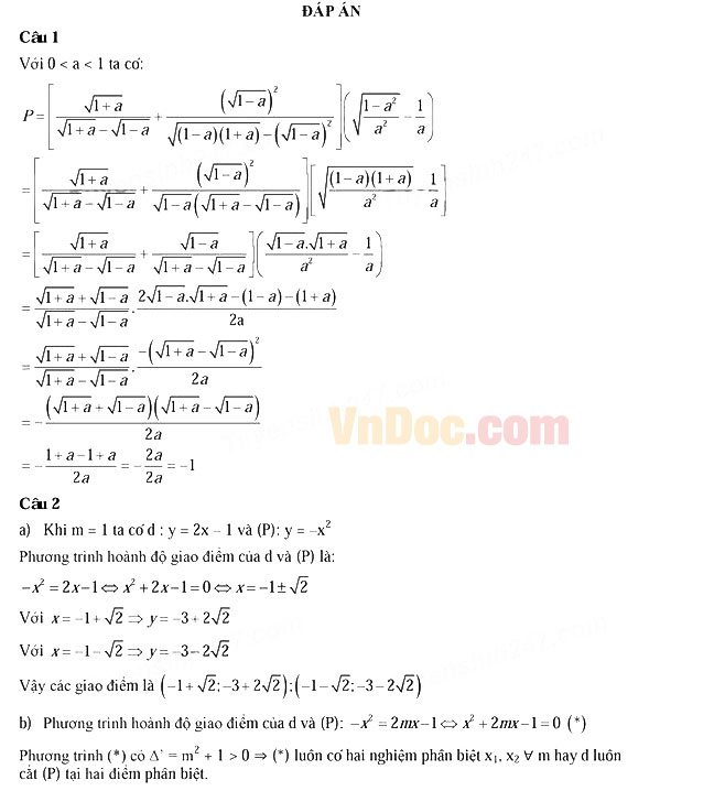Đáp án đề thi vào lớp 10 môn Toán Đáp án đề thi vào lớp 10 môn Toán