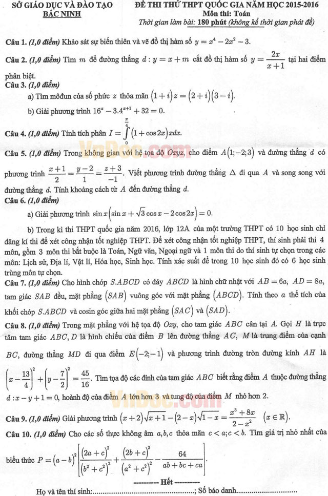 Đề thi thử THPT Quốc gia môn Toán năm 2016 tỉnh Bắc Ninh Đề thi thử THPT Quốc gia môn Toán năm 2016 tỉnh Bắc Ninh