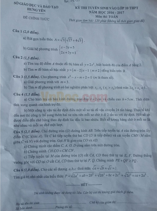 Đề thi vào lớp 10 môn Toán Đề thi vào lớp 10 môn Toán