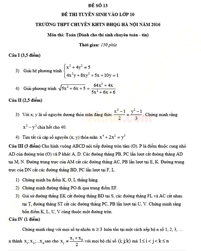 Đề thi vào lớp 10 môn Toán