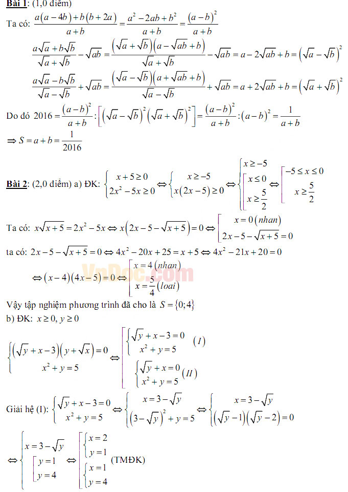 Đáp án đề thi vào lớp 10 môn Toán Đáp án đề thi vào lớp 10 môn Toán