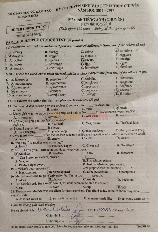 Đề thi tuyển sinh vào lớp 10 môn tiếng Anh có đáp án Đề thi tuyển sinh vào lớp 10 môn tiếng Anh