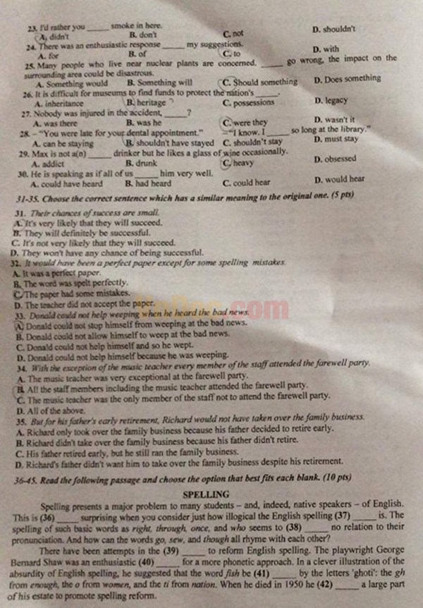 Đề thi tuyển sinh vào lớp 10 môn tiếng Anh 2016 -2017 Đề thi tuyển sinh vào lớp 10 môn tiếng Anh có đáp án