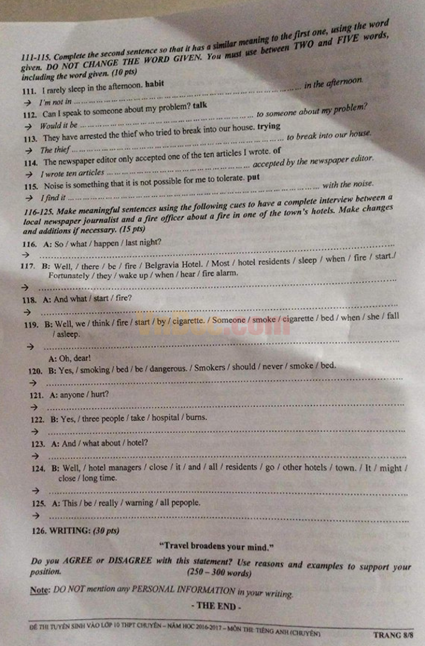 Đáp án đề thi vào lớp 10 môn tiếng Anh 2016 -2017 Đáp án đề thi vào lớp 10 môn tiếng Anh