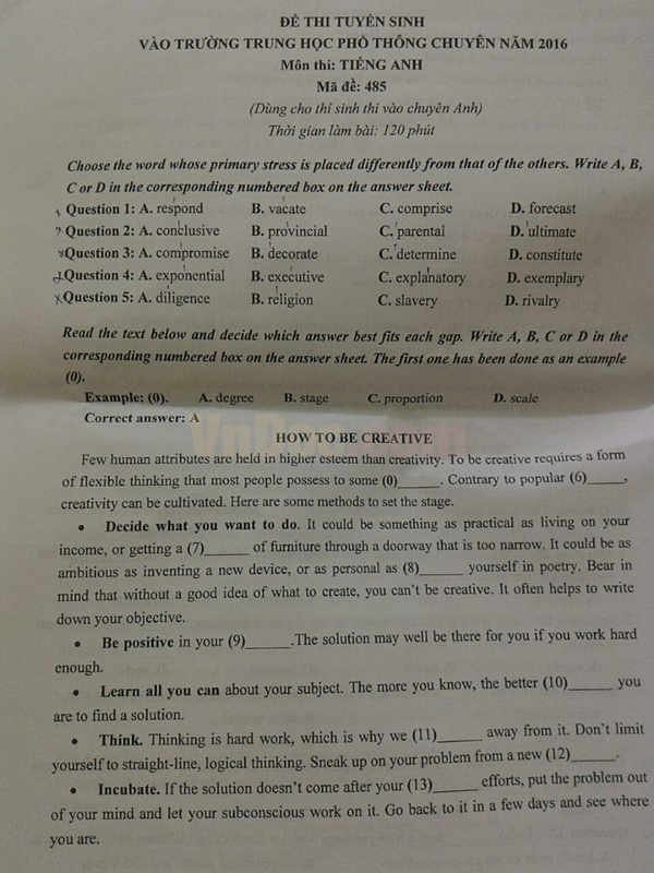 Đề thi tuyển sinh vào lớp 10 môn tiếng Anh có đáp án Đề thi tuyển sinh vào lớp 10 môn tiếng Anh