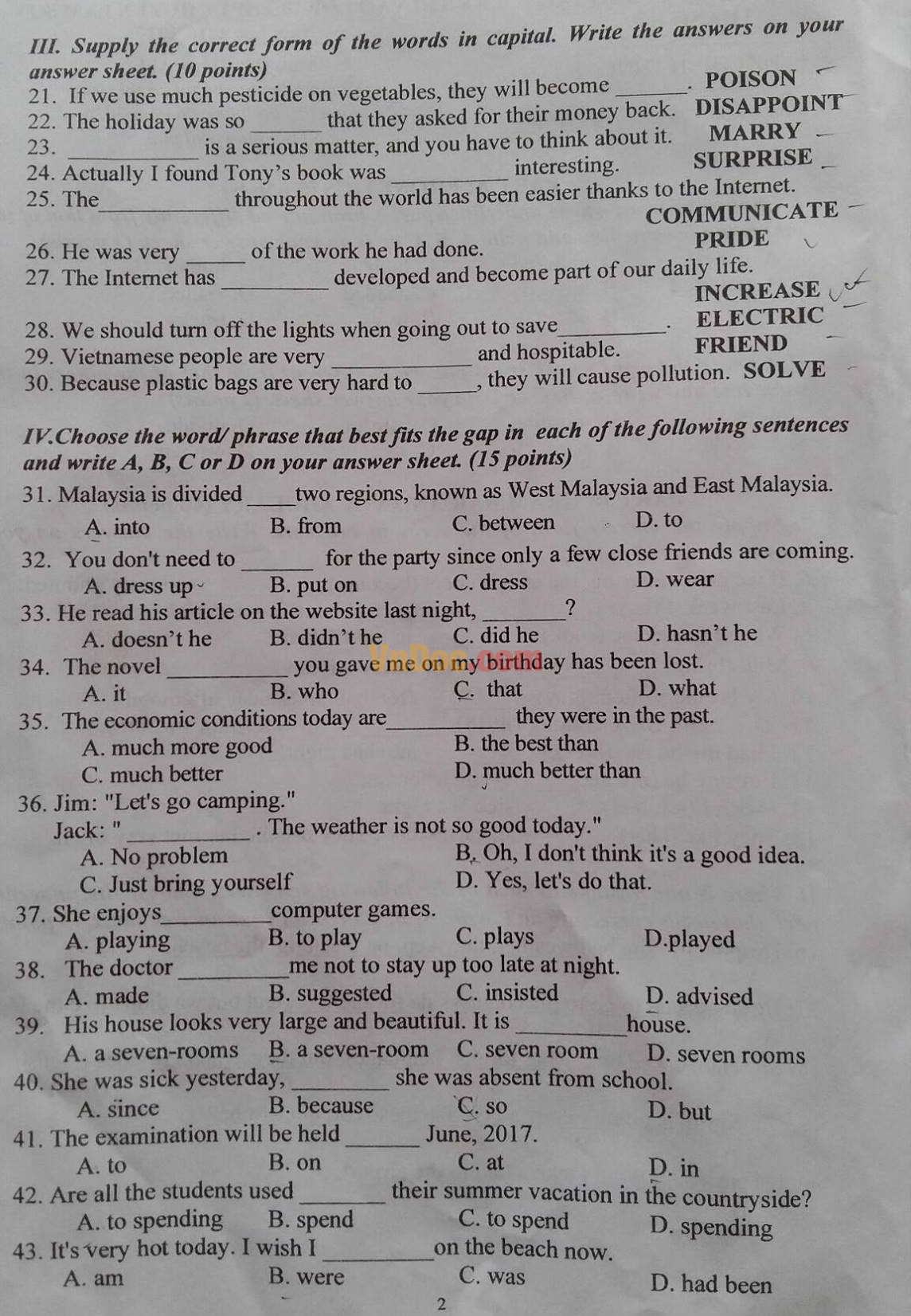 Đề thi tuyển sinh vào lớp 10 môn Tiếng Anh năm 2016 có đáp án 