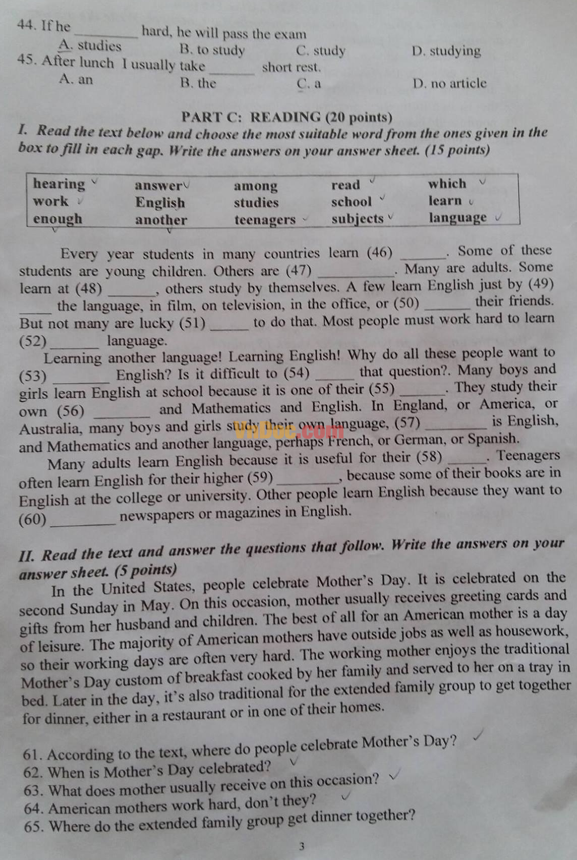 Đề thi vào lớp 10 môn Tiếng Anh năm 2016 có đáp án 