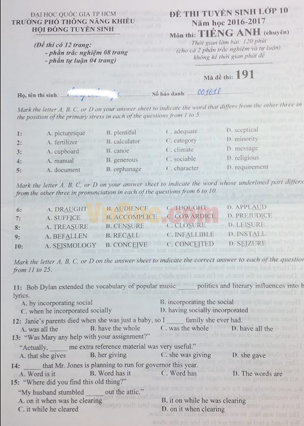 Đề thi tuyển sinh vào lớp 10 môn Tiếng Anh năm 2016