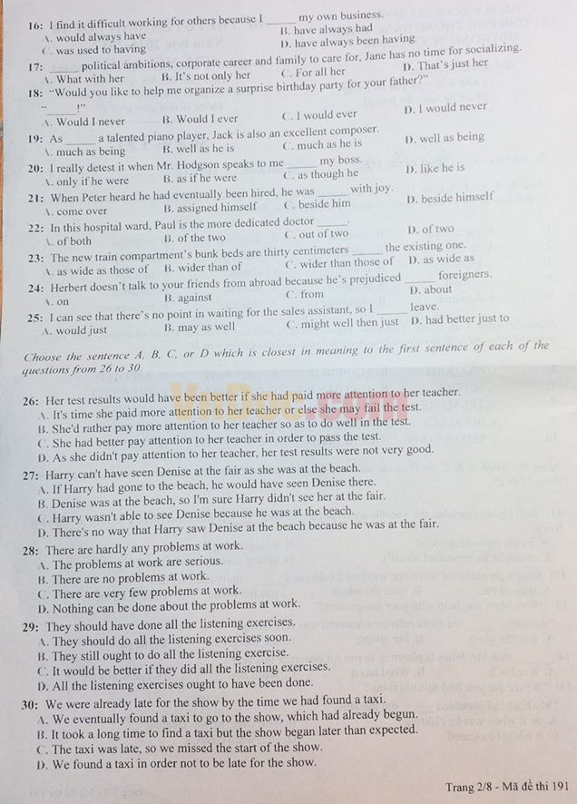 Đề thi vào lớp 10 môn Tiếng Anh năm 2016